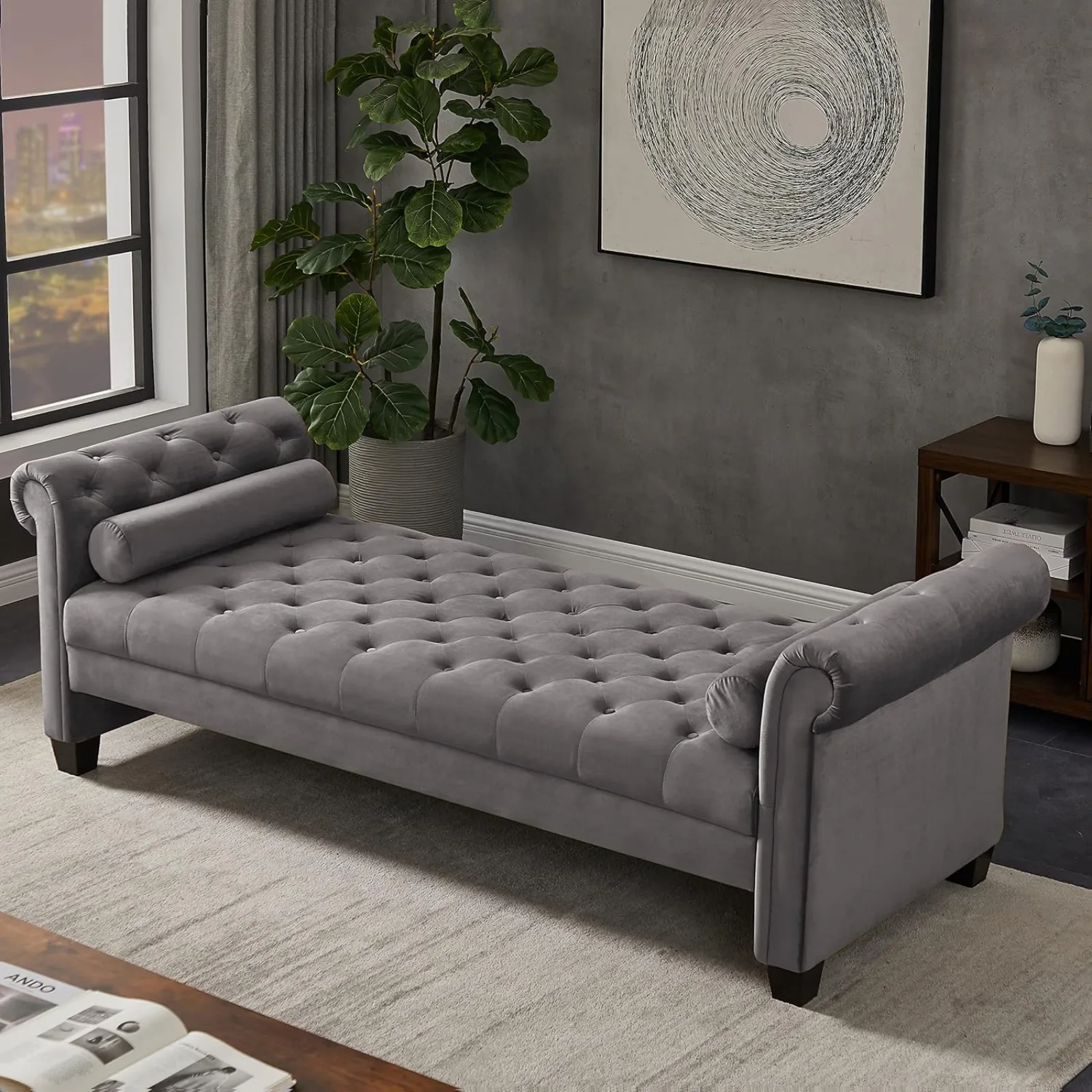 

US Grey Large Velvet Sofa Bench 82 Inch, Rolled Arms, Button Tufted, 2 Pillows, Upholstered Footrest Stool for Entryway