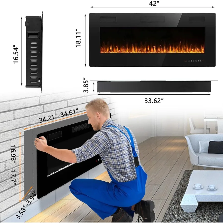 42 inch UltraThin Silence Linear Electric Fireplace Recessed Wall Mounted Fireplace Designed for 2 x 4 and 2 x 6 Stud Walls Off