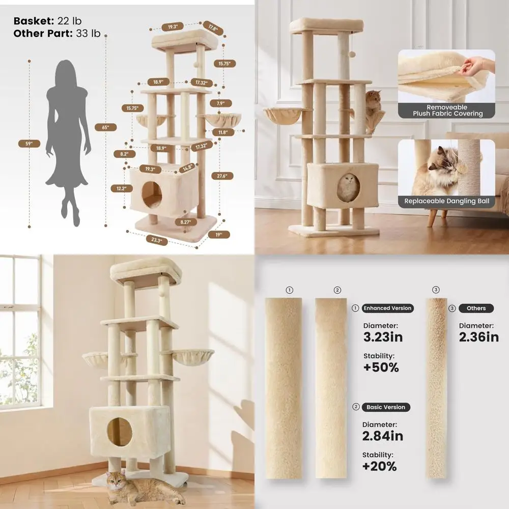 

65 Heavy-Duty Cat Tower with Multi-Level Platforms, Sisal Scratch Post, Hammock & Condo for Large Cats (Beige)