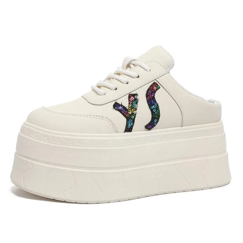 

Hot sale 7cm Genuine PU Leather Women Sequins Slipper Breathable Hollow Chunky Sneaker Platform Wedge Flat Shoes Summer Slippers