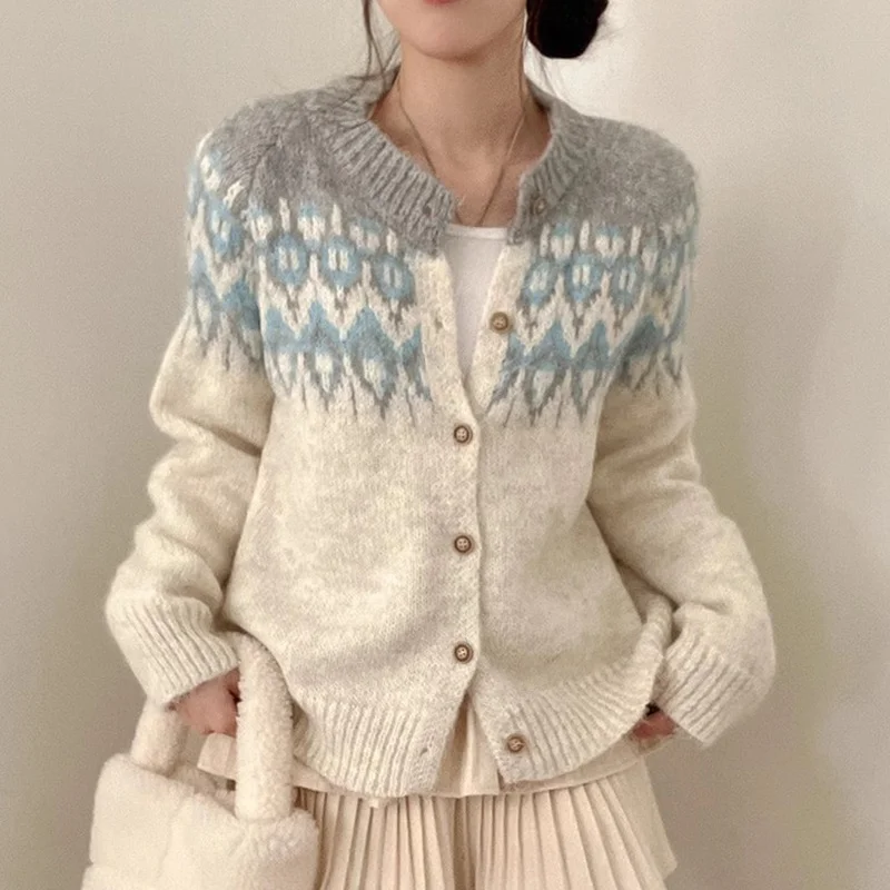 South korea Chic Autumn and Winter French sle Idle Sle Single-Breasted Soft Glutinous Contrast Color Jacquard Loose Long ...