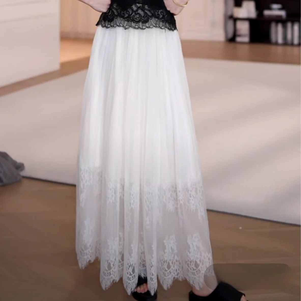 

Юбка YYStudio летняя 2026 с длинным кружевным подолом, завышенной талией, А-силуэта, элегантная, стройнящая, повседневная, из полиэстера, средней эластичности