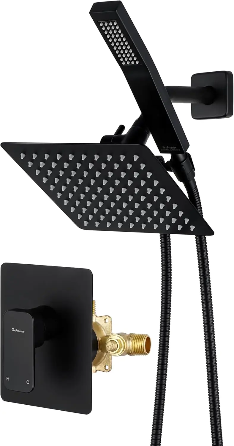 

Полный комплект металлического душевого смесителя с двумя квадратными насадками, ручным душем и клапаном балансировки давления, матовый черный цвет