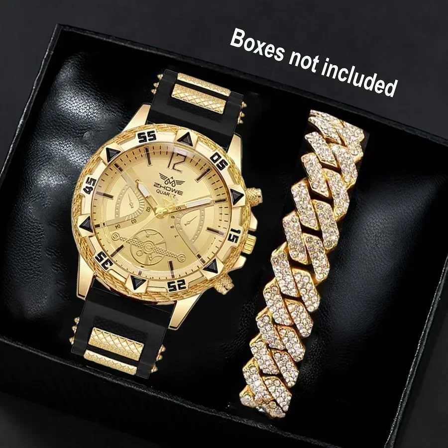 

Деловые 2 шт., мужские модные повседневные роскошные силиконовые ремешки с бриллиантовым кварцевым браслетом, набор наручных часов (коробка не входит в комплект)