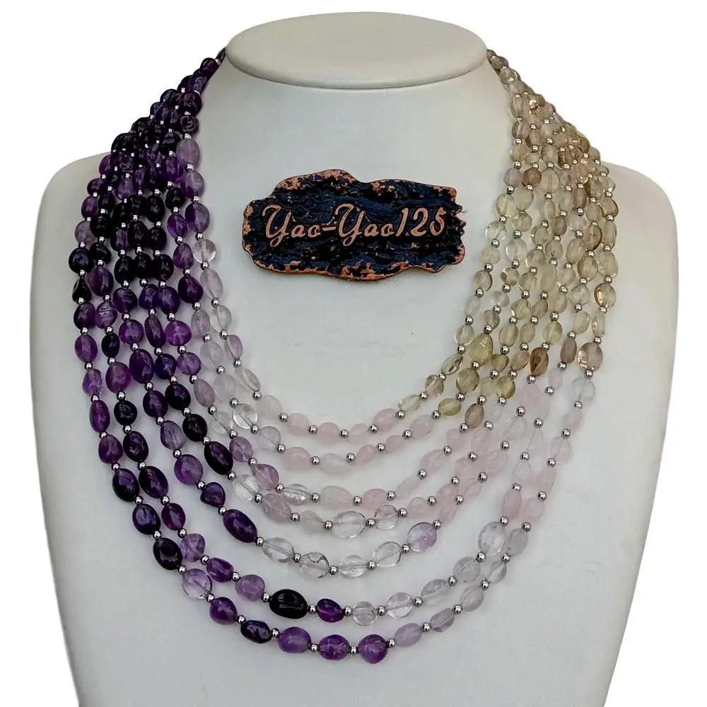 YYGEM Natural 7 Strands Amethyst Rose Quartz Lemon Quartz Freeform Statement Necklace 18'