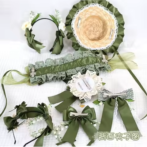 Green Ribbon Bow Hairclips Hat with Hairpins Girls Lolita Lace Ruffled Headband Pastoral Style Flower Anime Cosplay Headdress