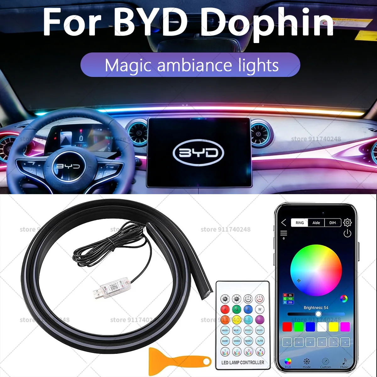 

For BYD Dolphin Automotive decoration light strip, colorful acrylic front windshield soundproofing strip, ambience light