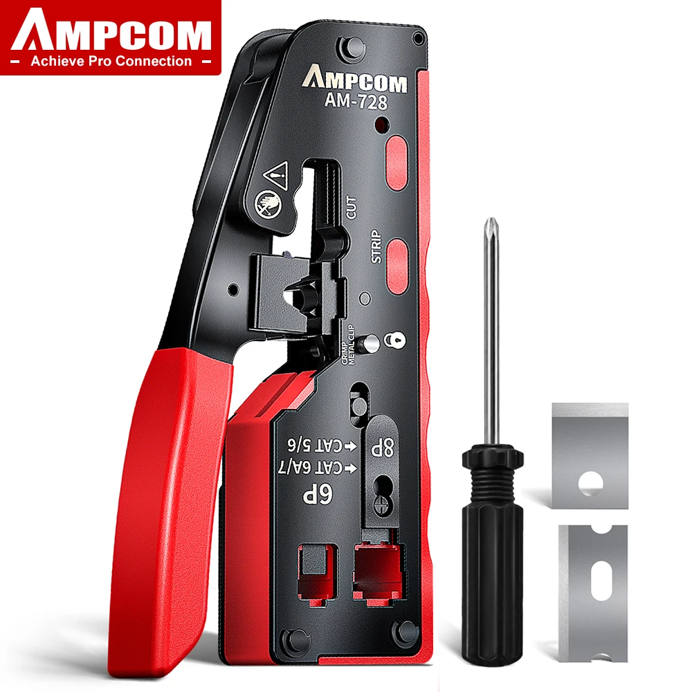 AMPCOM Cat 7 NETWORK CRIMPING Tool CRIMP/CUT/TRIM/STRIP 4-IN-1 Works with All RJ45/RJ11 Connectors Crimping Tool With Two Blades
