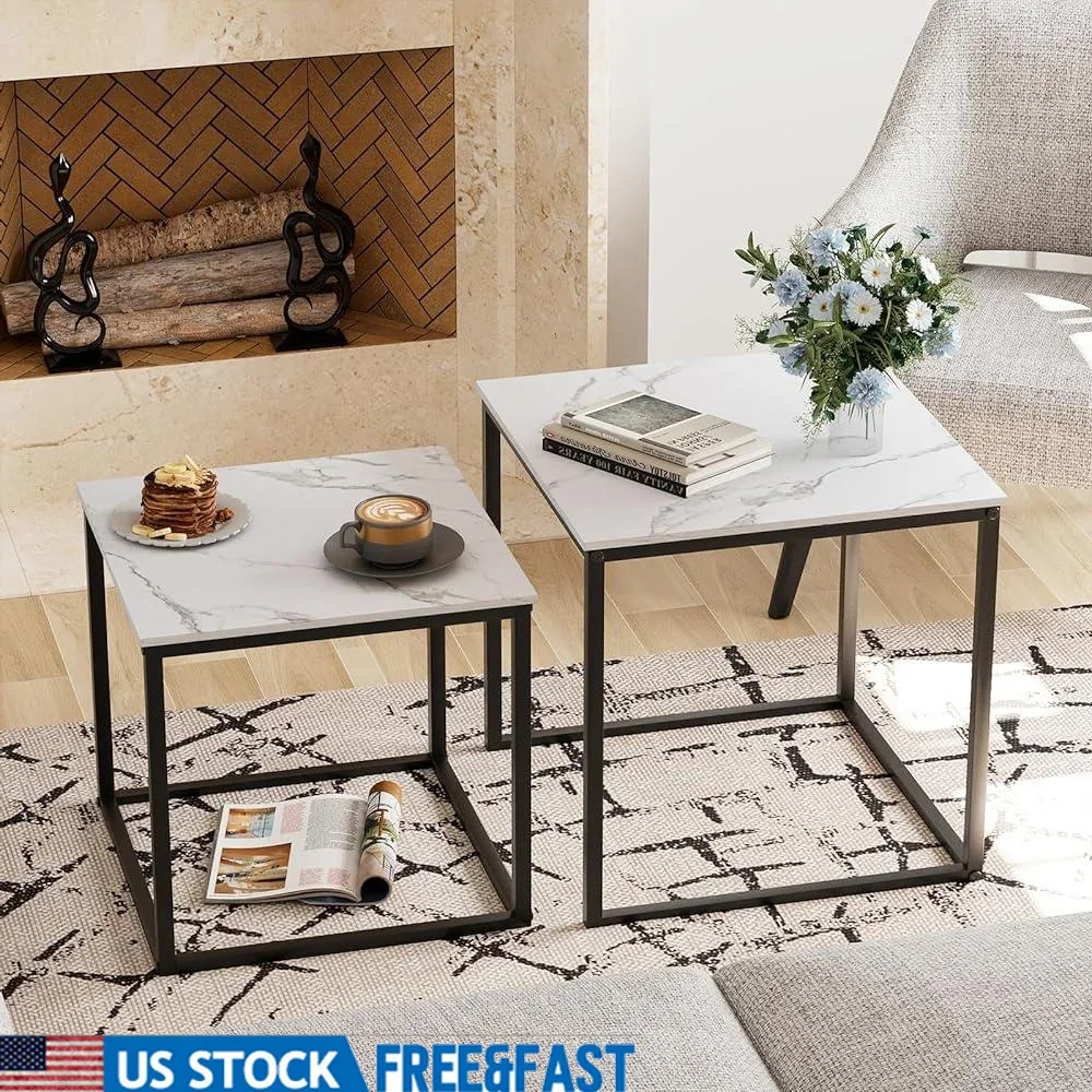 

Modern Nesting Coffee Table Set of 2 Square End Tables Lightweight End Tables Living Room Bedroom Compact Design Metal Frame