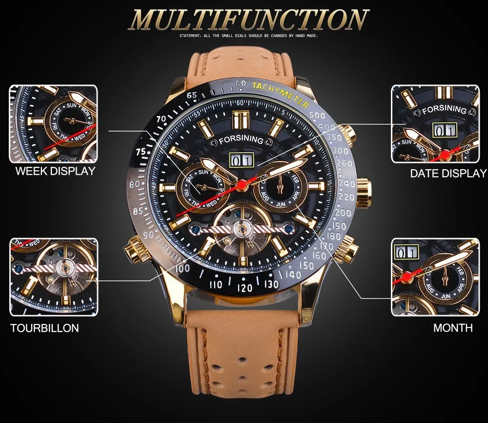 Fashion Forsining Top Brand Tourbillon Calendar Week And Month Display Multifunctional Genuine Leather Mechanical Wrist Watches