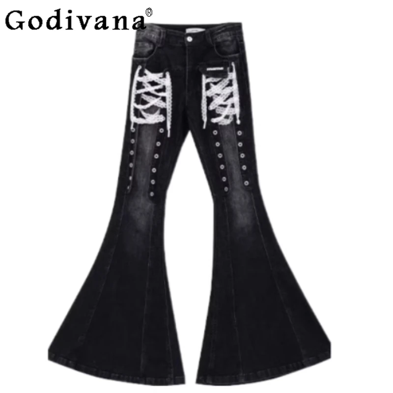 

2XL Women Spring Autumn New Lace-up Black Bootcut Jeans Fashion Versatile Sexy Slim Leisure High Waist Elegant Flared Trousers
