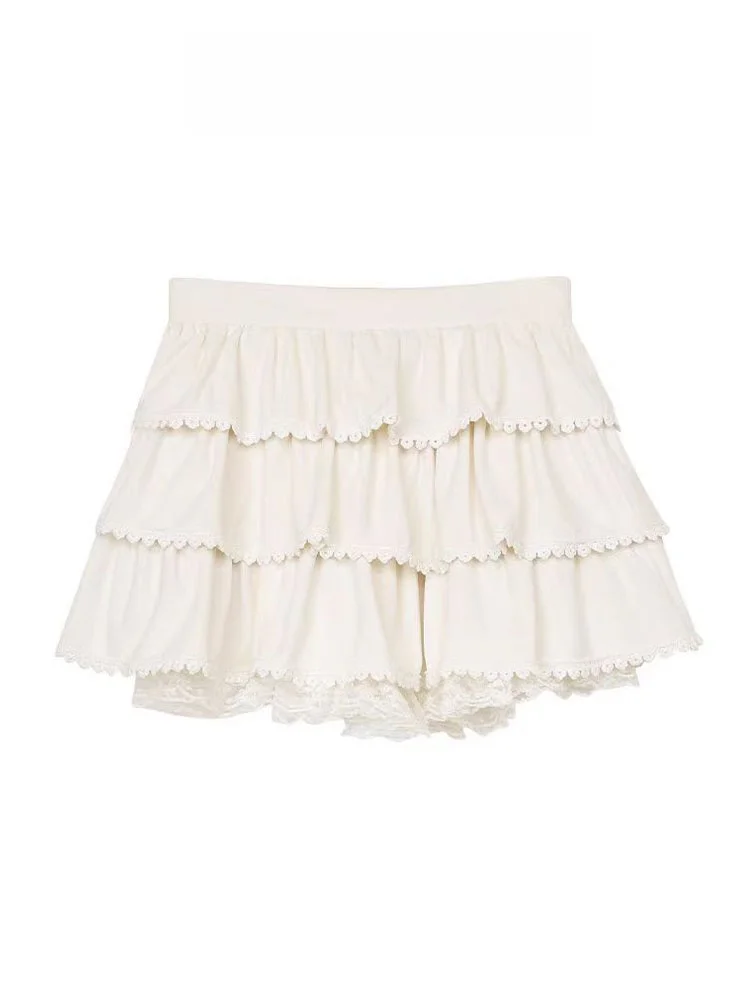 레이스 트림이 있는 스위트 발레 스커트 화이트 케이크 슬레 길이 여성용 봄 가을 하이웨이스트 A라인 단색