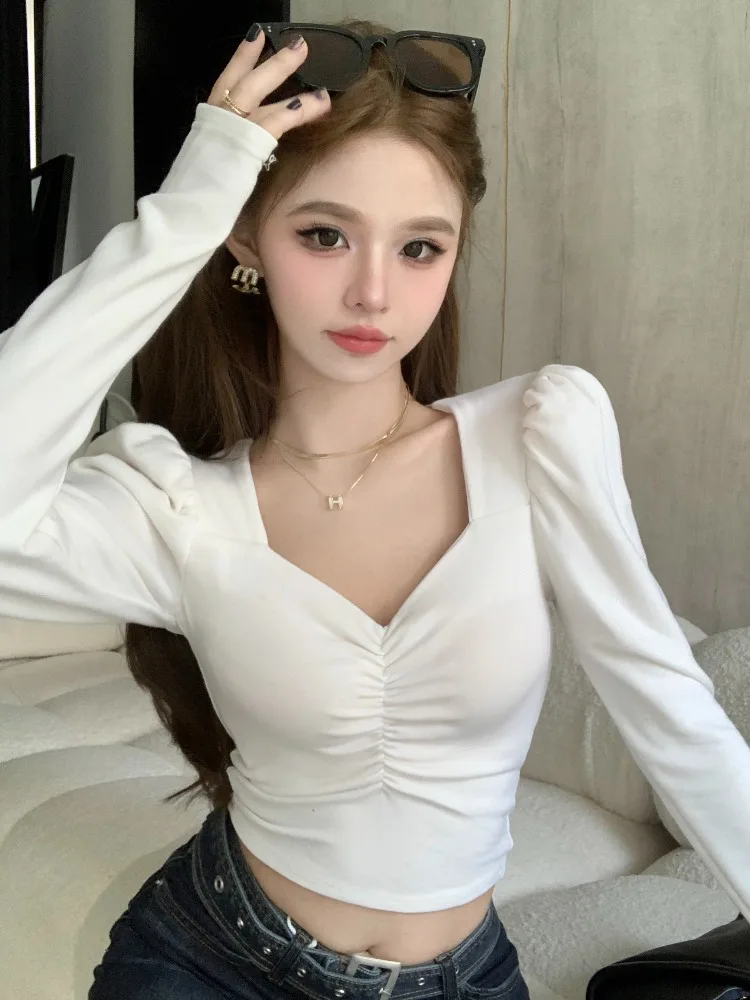 

Korean Style Pure Desire Slim Fit Short Sleeve Long Sleeve Women's T-Shirt Autumn Winter New Inner Wear Base Shirt Pleated Top