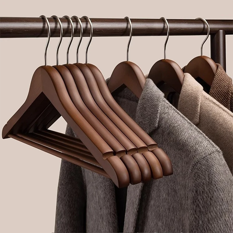 

New Solid Wooden Coat Hangers, 5 Pack High Grade Large Wood Suit Hangers with Non Slip Pant Bar Seamless Wood Clothes Hangers