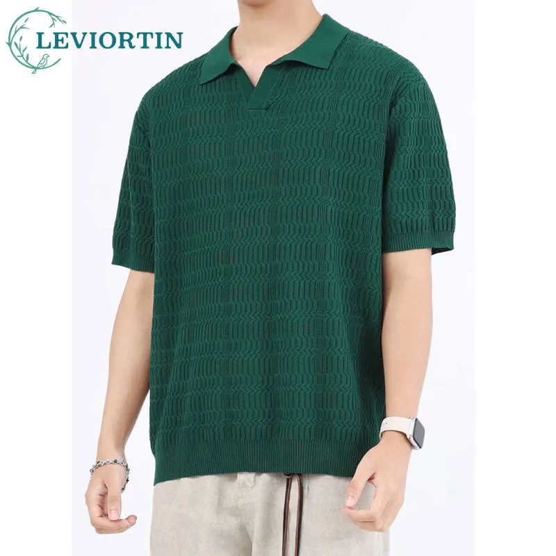 Men's summer ice silk jacquard retro knitted polo shirt short sleeved American casual versatile light mature solid color T-shirt