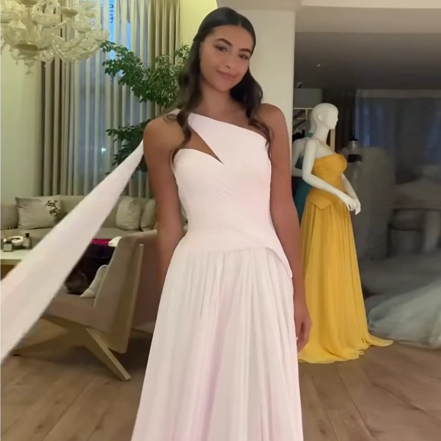 

Sharon Said Elegant A Line Evening Dress With Cape Sleeve One Shouler Pleated Modest Women Wedding Party Gowns SF052 Customized