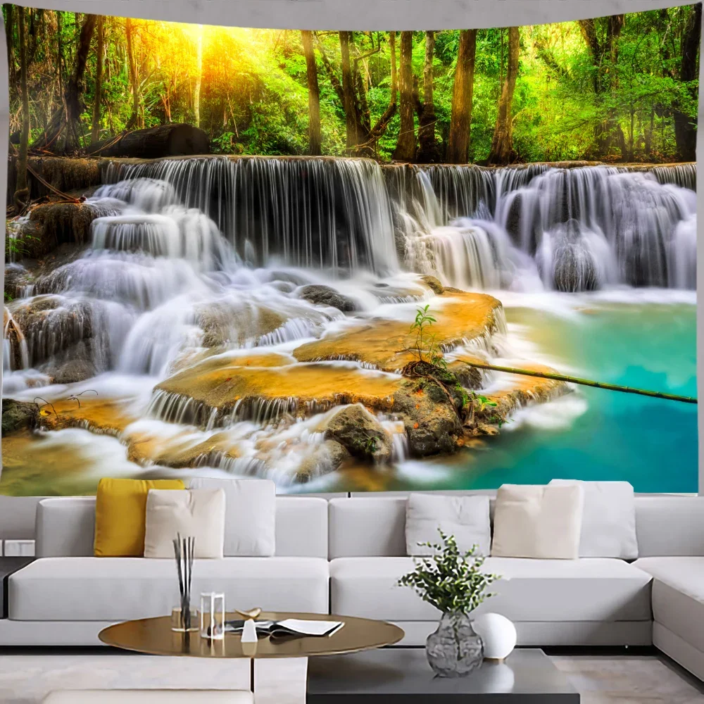 Forest Waterfall Tapestry Wall Hanging  Boho Home Decor Landscape Tapestriees Bedroom Decoration Kawaii Room Decor Wall Art