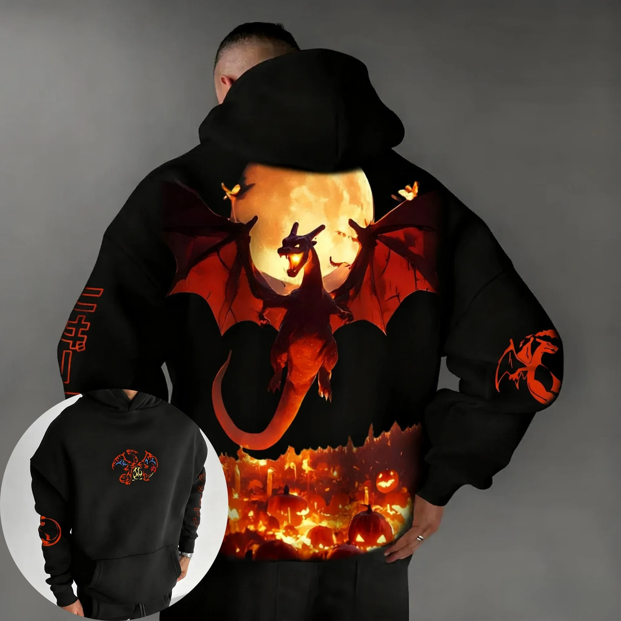 Hoodie Anime Pokémon Halloween 2025 Pria Musim Gugur/Dingin Baru Bermotif Kasual Hip Hop Ukuran Besar Longgar Sweater Atasan Orang Tua Anak