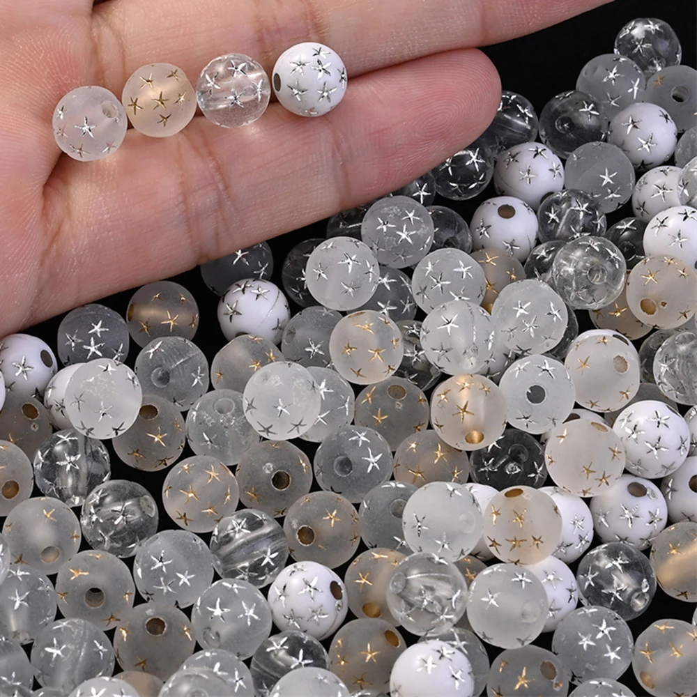 100 Stück 8 mm Sternmuster mattierte Acrylperlen, klare, runde, lose Perlen für die Schmuckherstellung, DIY-Armband, Halskette, Zubehör – Detail 1