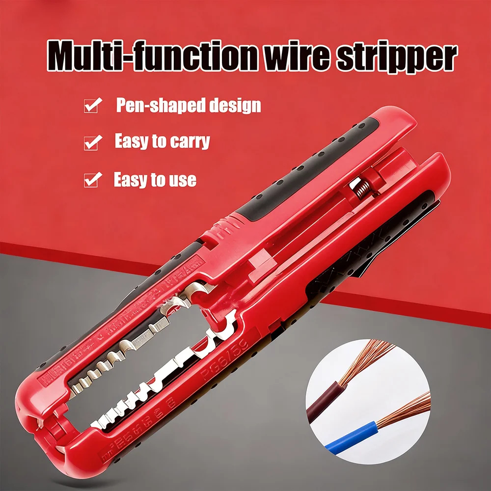 Portable Multifunctional Wire Stripper and Cutter Steel Construction Non Slip Handle Red Black Design with Clip for Easy Carry