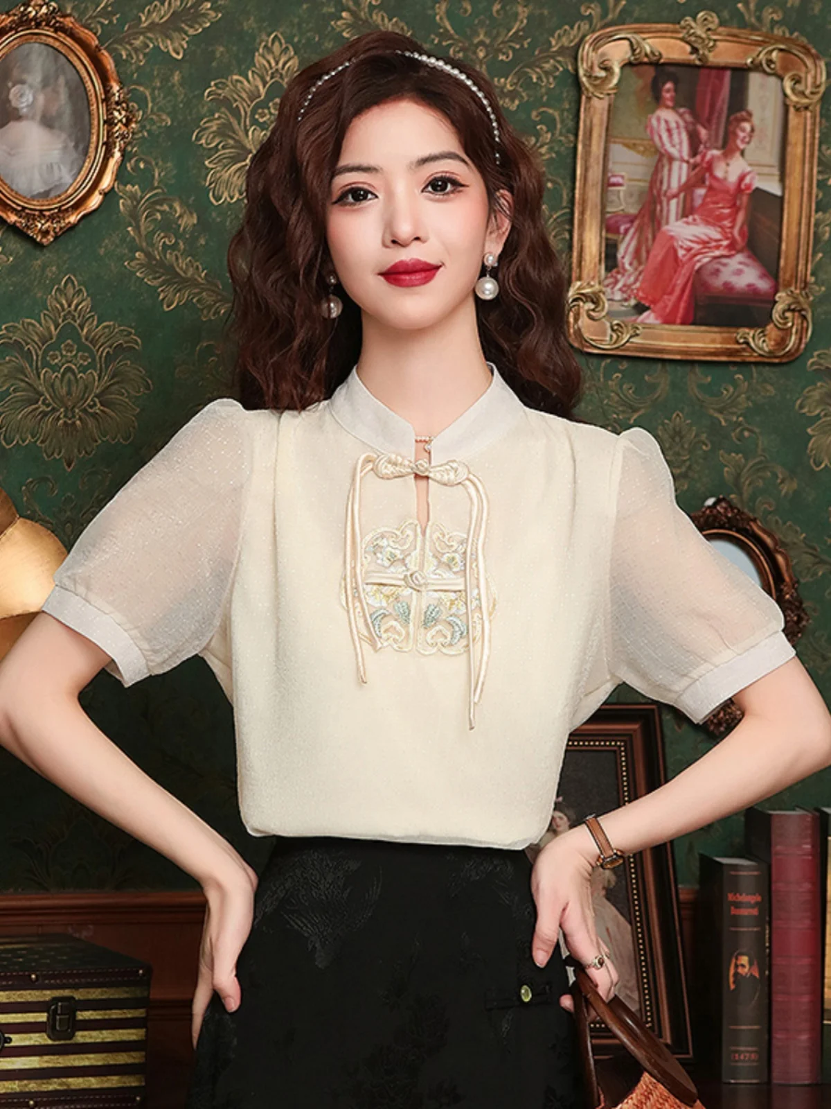 

New Chinese Sle Embroidered Chiffon irt Women's Spring Summer New Top Trending Beautiful Small irt Commute Sle Slim Fit
