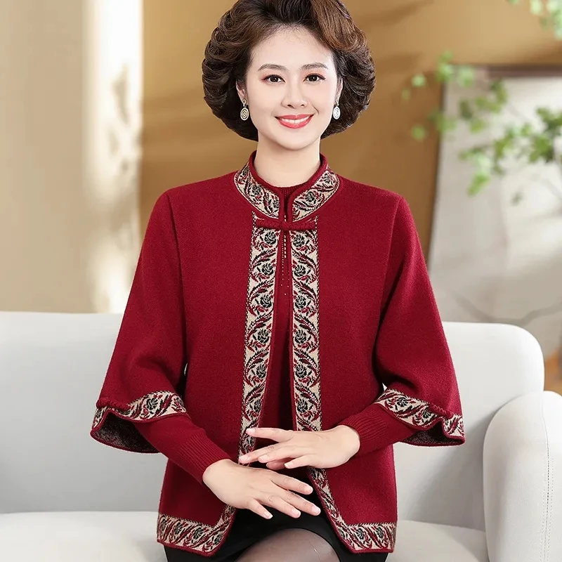 New Spring Autumn Noble Mother Wool Sweater High Quality Knitted Cashmere Cardigan Set 2PCS Middle Aged Women Short Sweater Coat