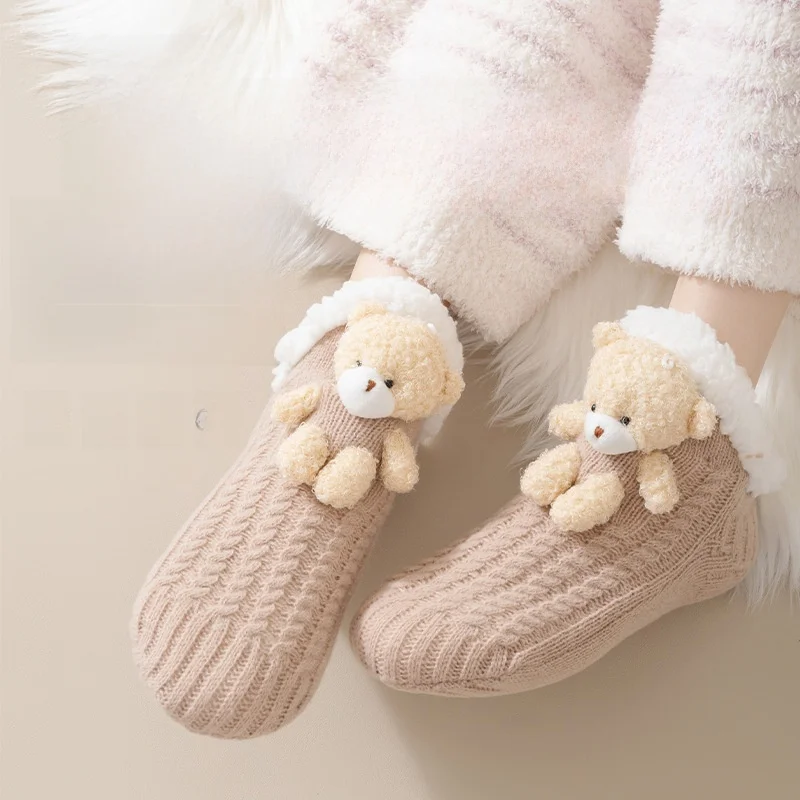 

Luxury Fleece Lined Thick Warm Lamb Velvet Spring Autumn Home Sleep Cozy Bear Floor Socks Women's Short Polyester Fiber