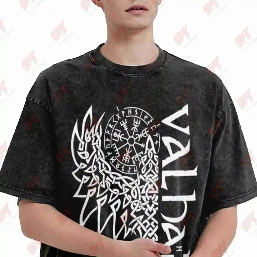 Norse Myth Raven Hugin Munin Viking Valhalla Rune Ship Vintage Washed Tee Pure Cotton T-Shirt
