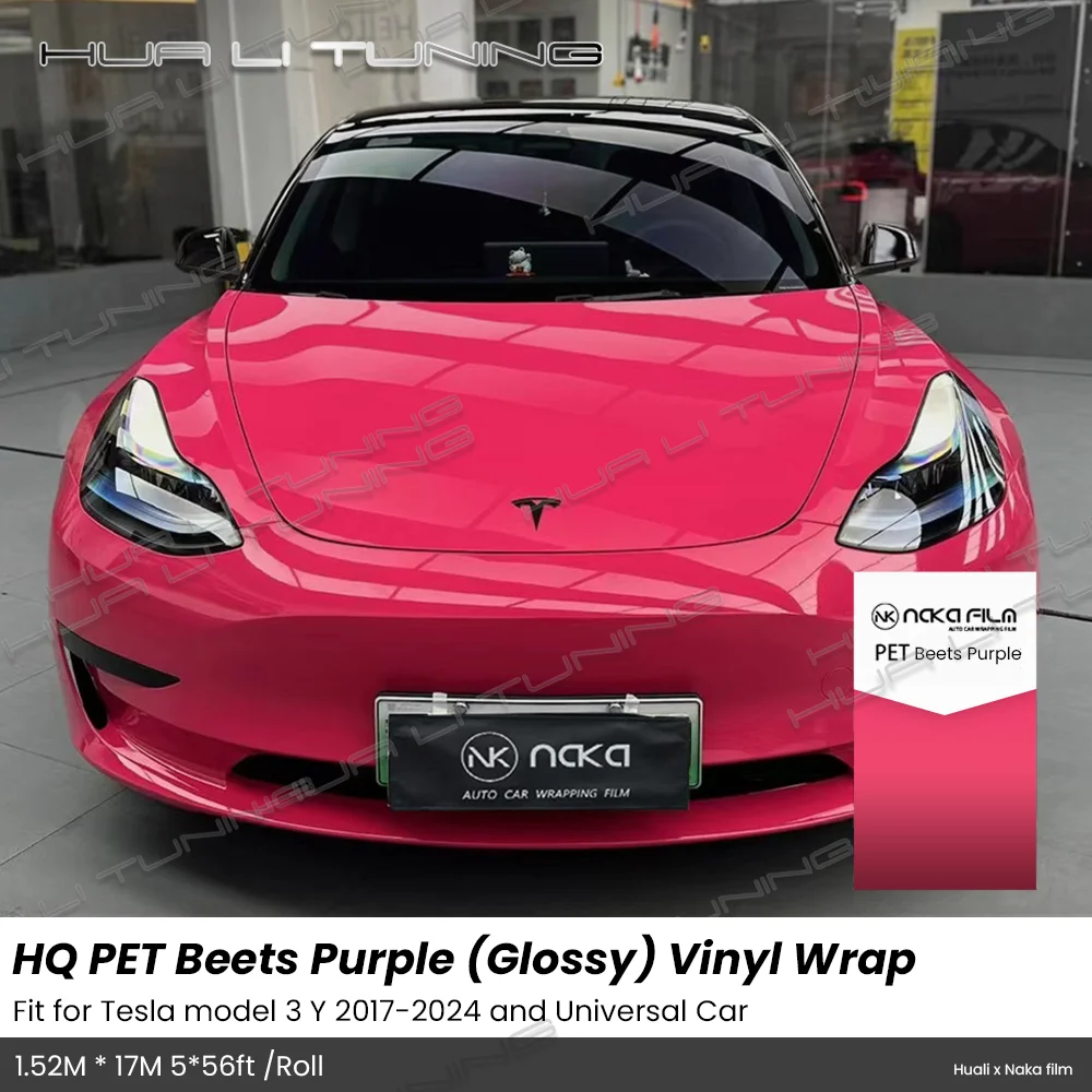 

Glossy Beets Purple Vinyl Wrap For Tesla Model 3 Y 2017-2024 LowTack Glue 1.52*17M/Roll 5x56ft Air Bubble Free PET Auto Film