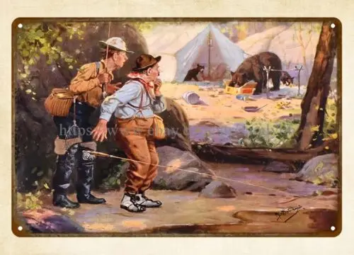 Henry Hintermeister (1869 – 1945) bears campsite fishermen metal tin sign