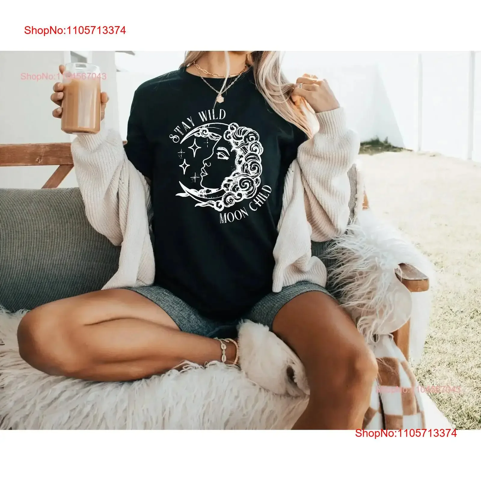 Stay Wild Moon Child white print crescent goddess stars and hippie vibes T Shirt vintage Washed Top For Everyday Wear Versatile