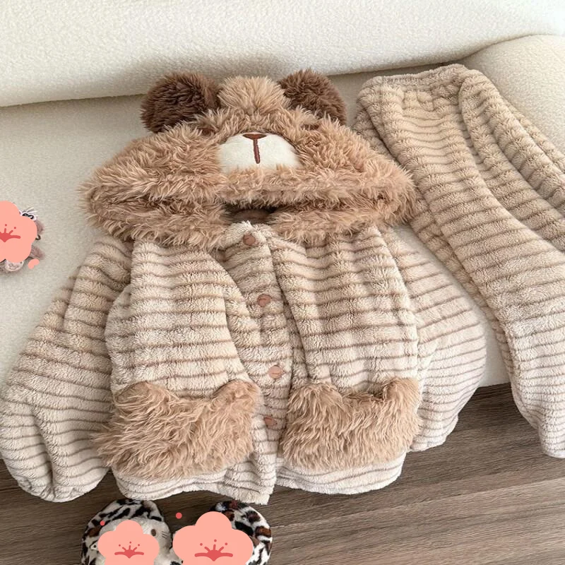 

Thickened and Velvet 2025 Winter New Hooded Cartoon Bear Coral Velvet Pajama Women's Home Furnishing Set Can Be Worn Externally
