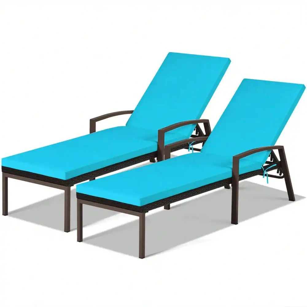 

2PCS Adjustable Patio Rattan Chaise Recliner Lounge Chair w/ Turquoise Cushion