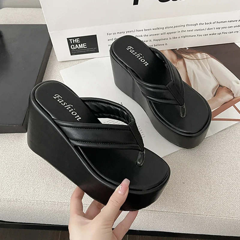 2023 Summer High Heel Wedge Flip Flops Women Clip Toe Chunky Platform Slippers Woman Casual Thick Bottom Blue Slides Ladies shoe