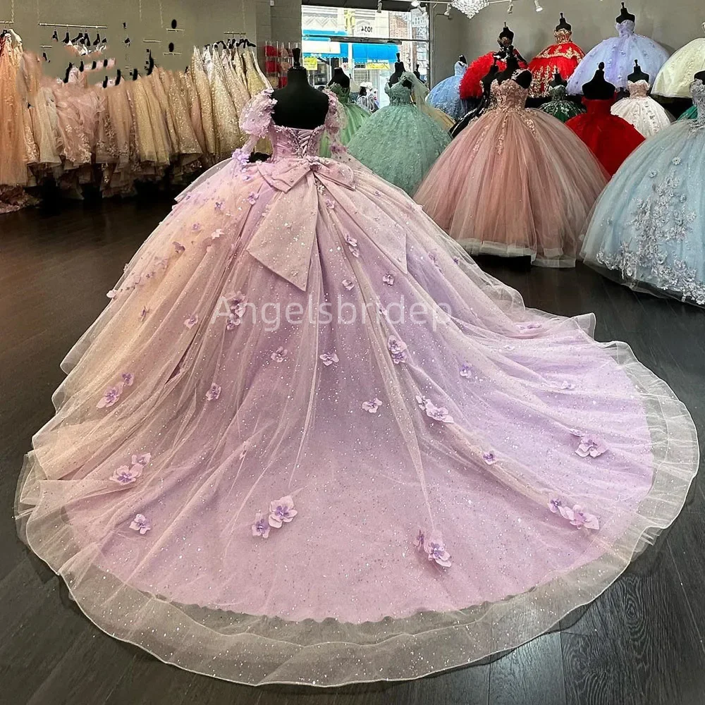 Angelsbridep Lilac Quinceanera Dress 3D Flora Ball Gown Detachable Long Sleeves Pageant Sweet 15 Party Vestidos De XV Años