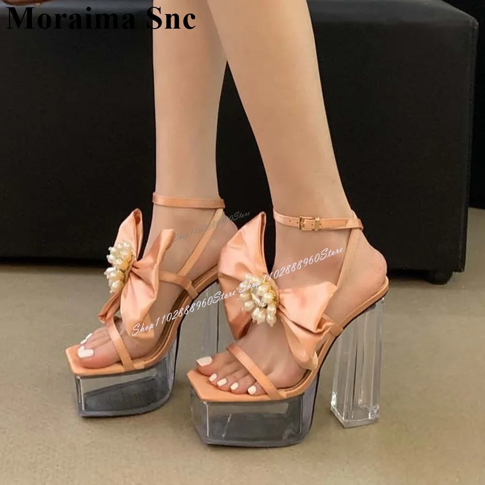 

Champagne Bow Knot Crystal Pearl Decor Sandals Clear Thick Heel Women Shoes Ankle Buckle Strap Peep Toe 2024 Zapatos Para Mujere