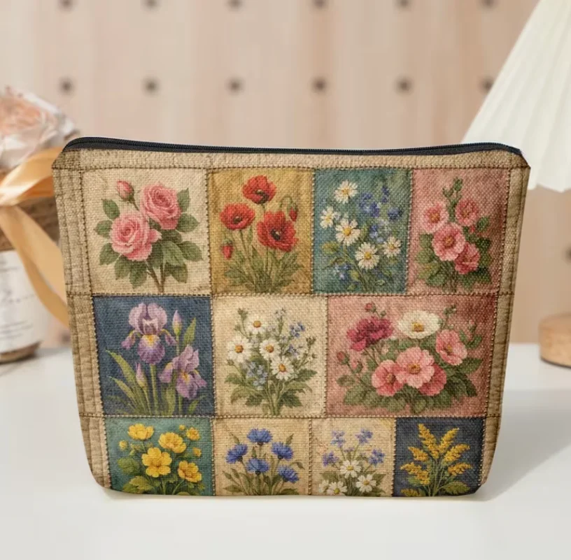 Floral Patchwork Print Cosmetic Bag Pouch, Portable and Foldable, Zipper Closure, Double-sided Birthdays Stylish Toiletry Bag