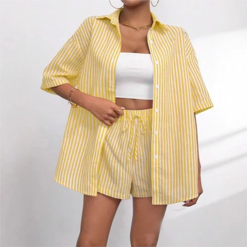 

New Fashion Set Summer Collar Short Sleeved Single Breasted Cardigan Casual Striped Shirt Elastic Waist Tie Shorts Two-piece Set