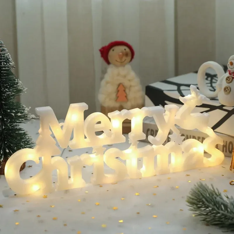 LED 3D Merry Christmas Letter Marquee Light Standing Tabletop Sign Festive Holiday Party Home Decoration Ornament Decor