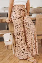 Leopard Print Wide Leg Pants Elegant Drawstring Loose High Waist Pants For Spring  Summer Women's Clothing