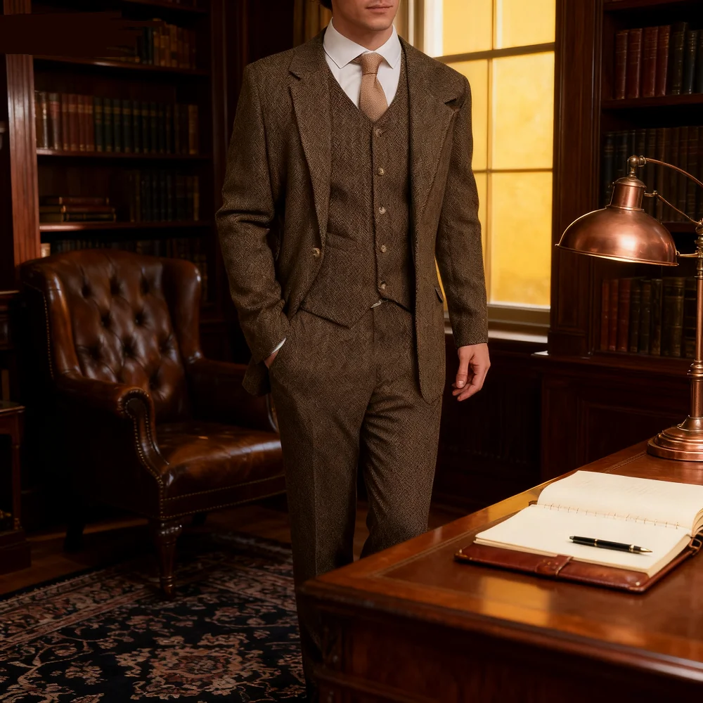 بدلة رسمية للرجال من جلد القرش البني من التويد مكونة من 3 قطع سترة للتدخين وبنطلون للأعمال وحفلات الزفاف #1