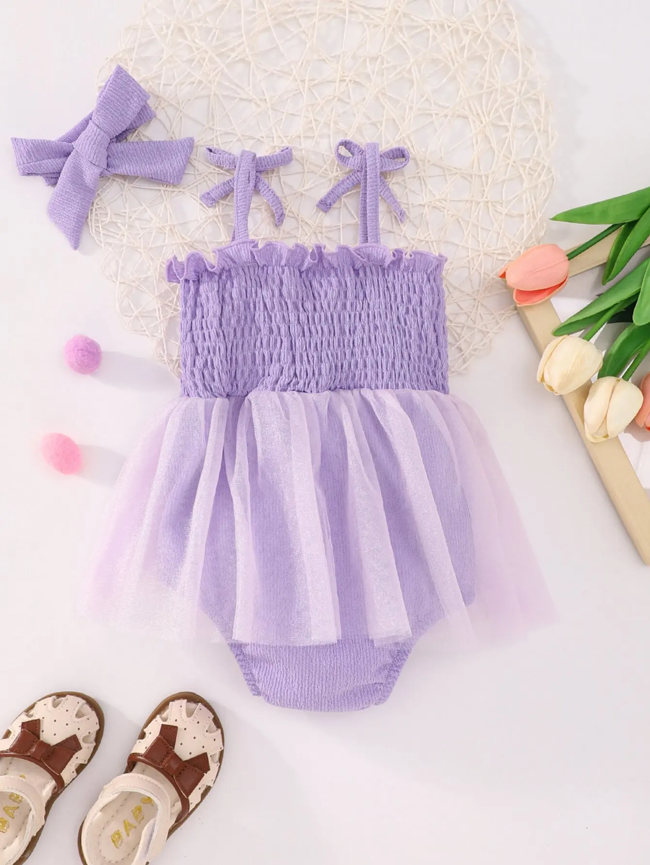 Summer Baby Girl Baby Cute Sweet New Casual Purple Mesh Sling Jumpsuit With Comfortable Triangle Crawling Suit