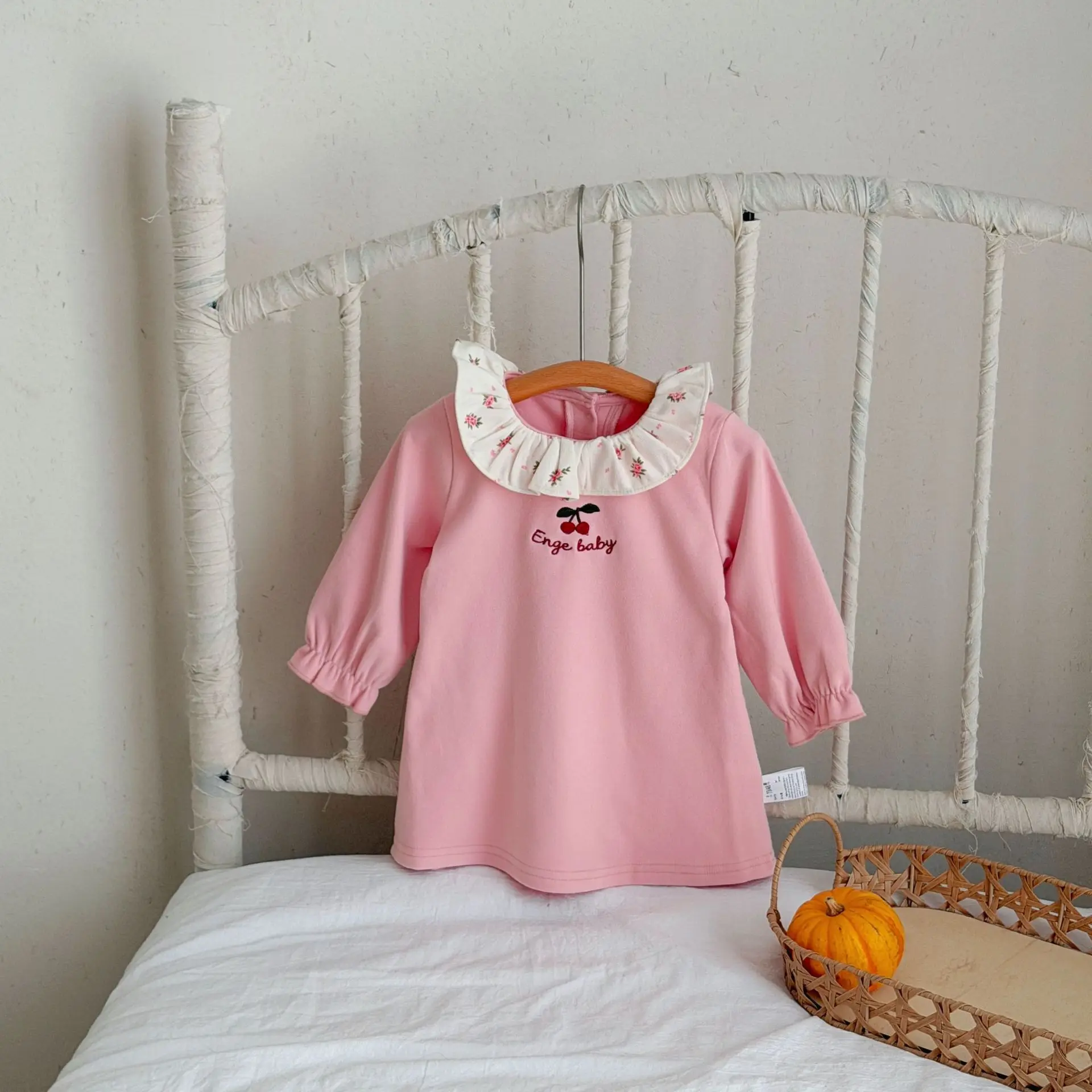Autumn Little Girls' Fluffy Dress with Cherry Embroidery, Ruffled Collar, and Long Sleeves for Baby Girls