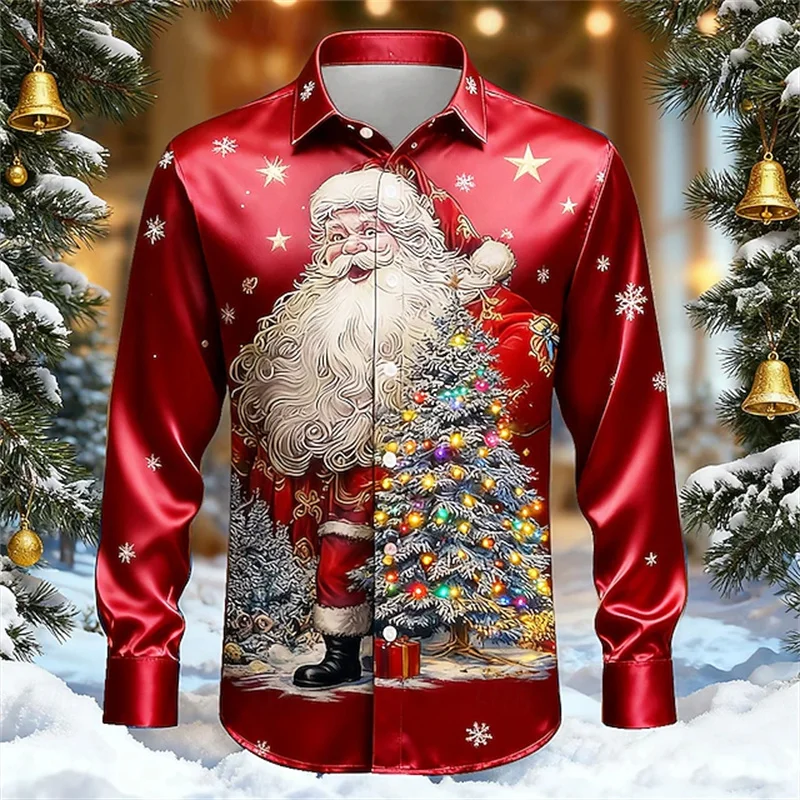 

Christmas Men's Christmas Tree Shirt Satin Long Sleeve Fashion Casual Outdoor Party Festival Spring and Autumn Lapel Button Shir