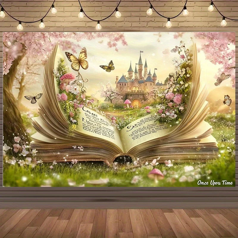 Open Magic Book Castle Cherry Blossom Butterfly 2D Flat Tapestry Backdrop For Kids Room Decor Fantasy Storybook Wall Hanging Art