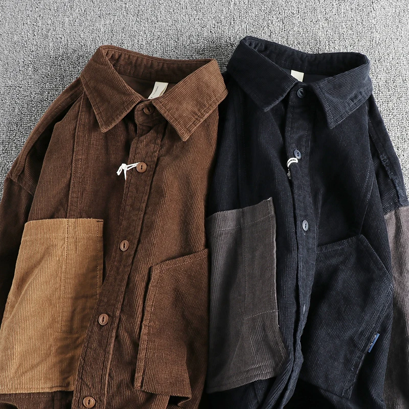 Personality color patchwork shirt men\'s long sleeve washed cotton corduroy fabric youth shirt thin coat