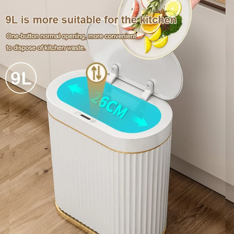 Automatic Sensor Trash Can 7L 9L Luxury Bathroom Trash Can 15L Kitchen Electric Garbage Bin Toilet Wastebasket Golden Trash Can