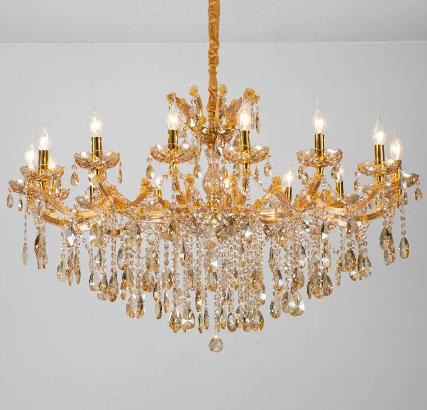 

Golden Maria Theresa Crystal Chandelier Amber K9 Crystal Lustre 15 Lights Candle Style Lamp for Lobby Stair Hallway Decoration