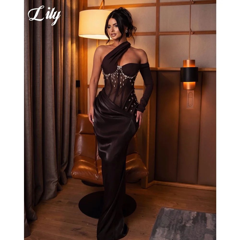 

Lily Black Prom Dress Sheer Mesh Crystal Beaded Corset Draped Mermaid Evening Dresses Slim Fit Cocktail Party Dress Customized