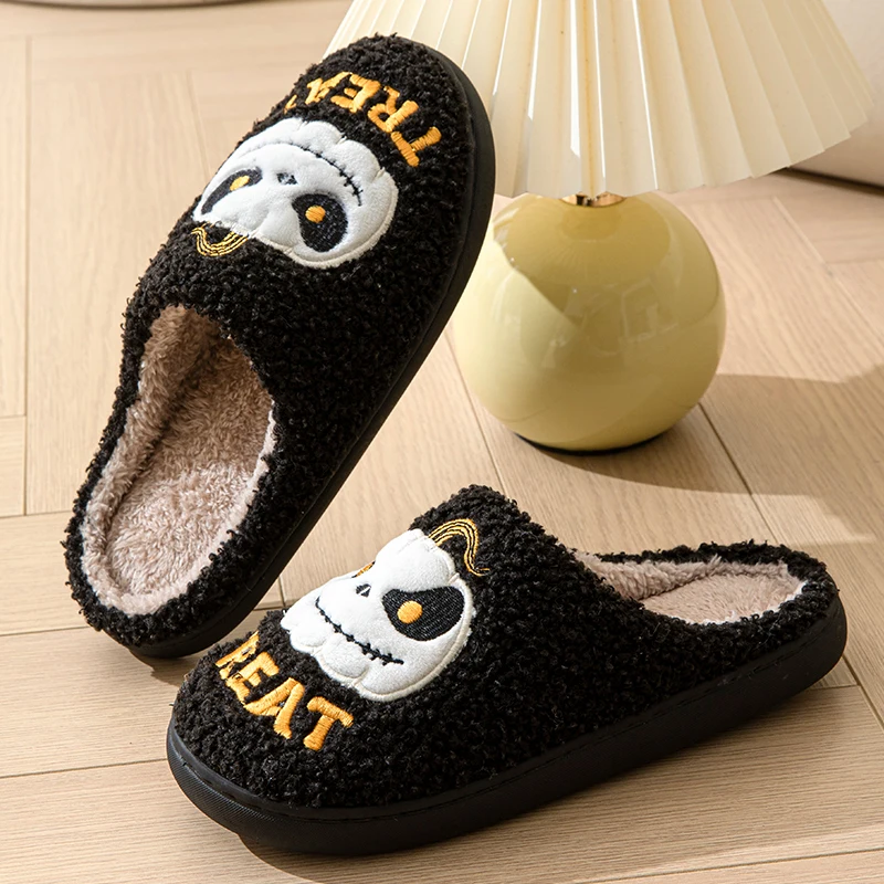 Halloween Pumpkin Embroidered Cotton Slippers Women Winter Comfortable Soft Sole Couple Shoes Woman Non Slip Flat Plush Slides